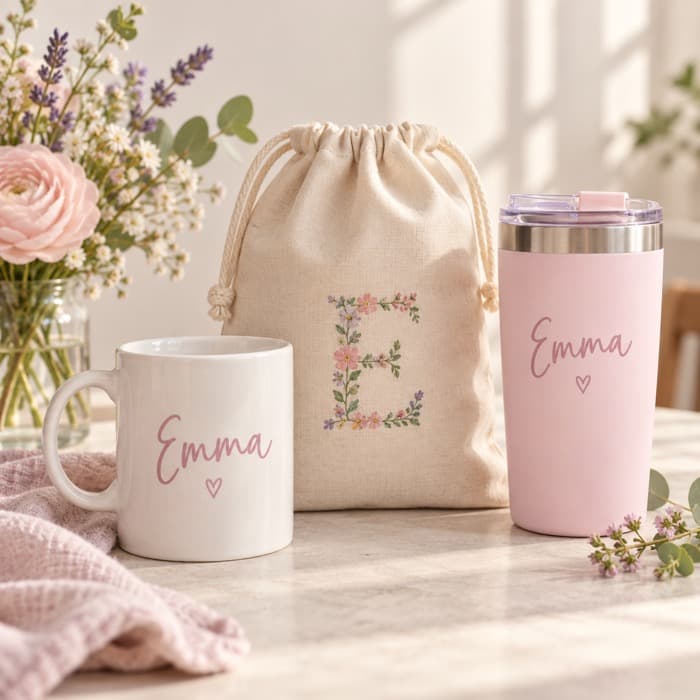 Illustrative photo of a personalised mug, pouch and tumbler